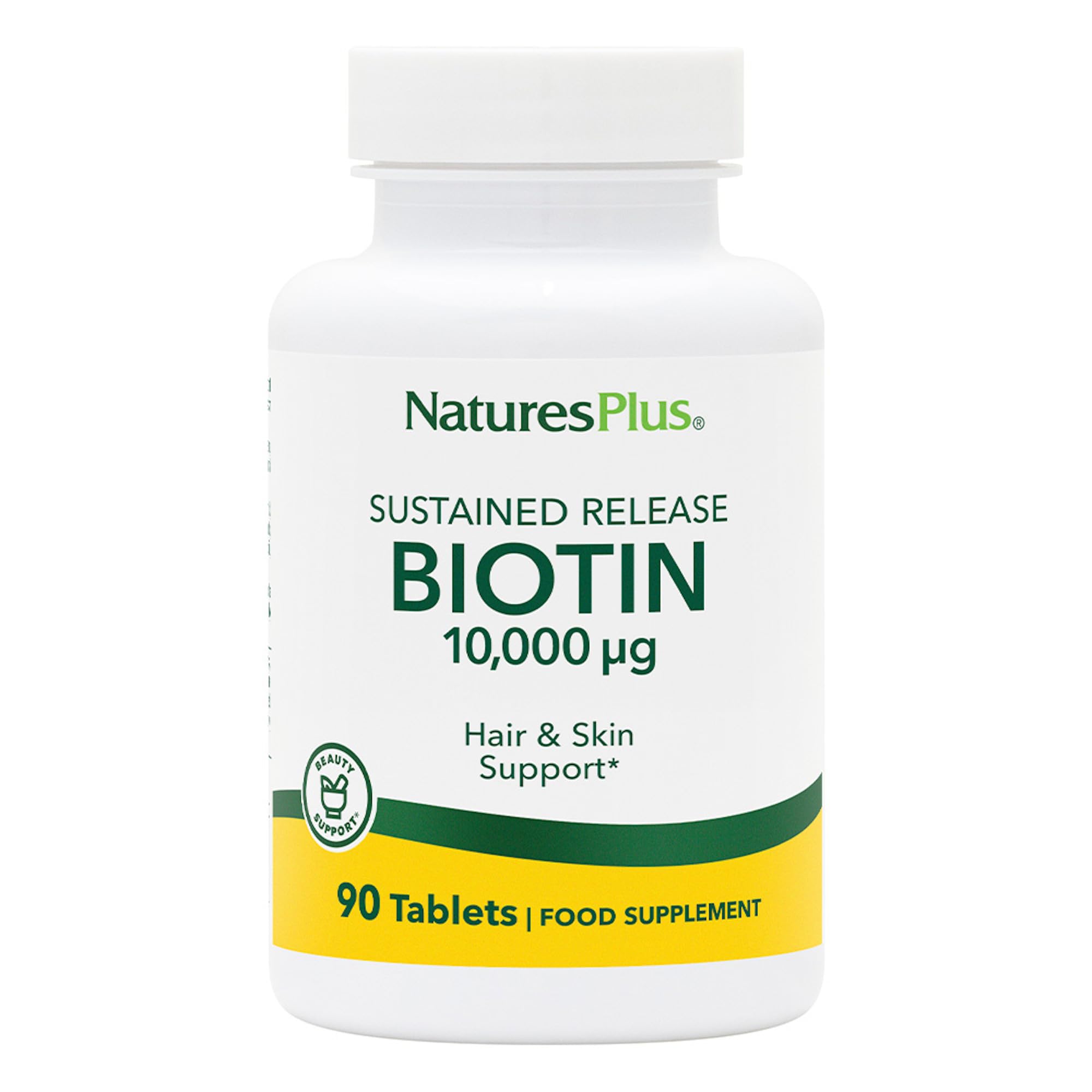 NaturesPlus Biotine 10 000 mcg, bouteille prête pour soutenir cheveux et ongles.