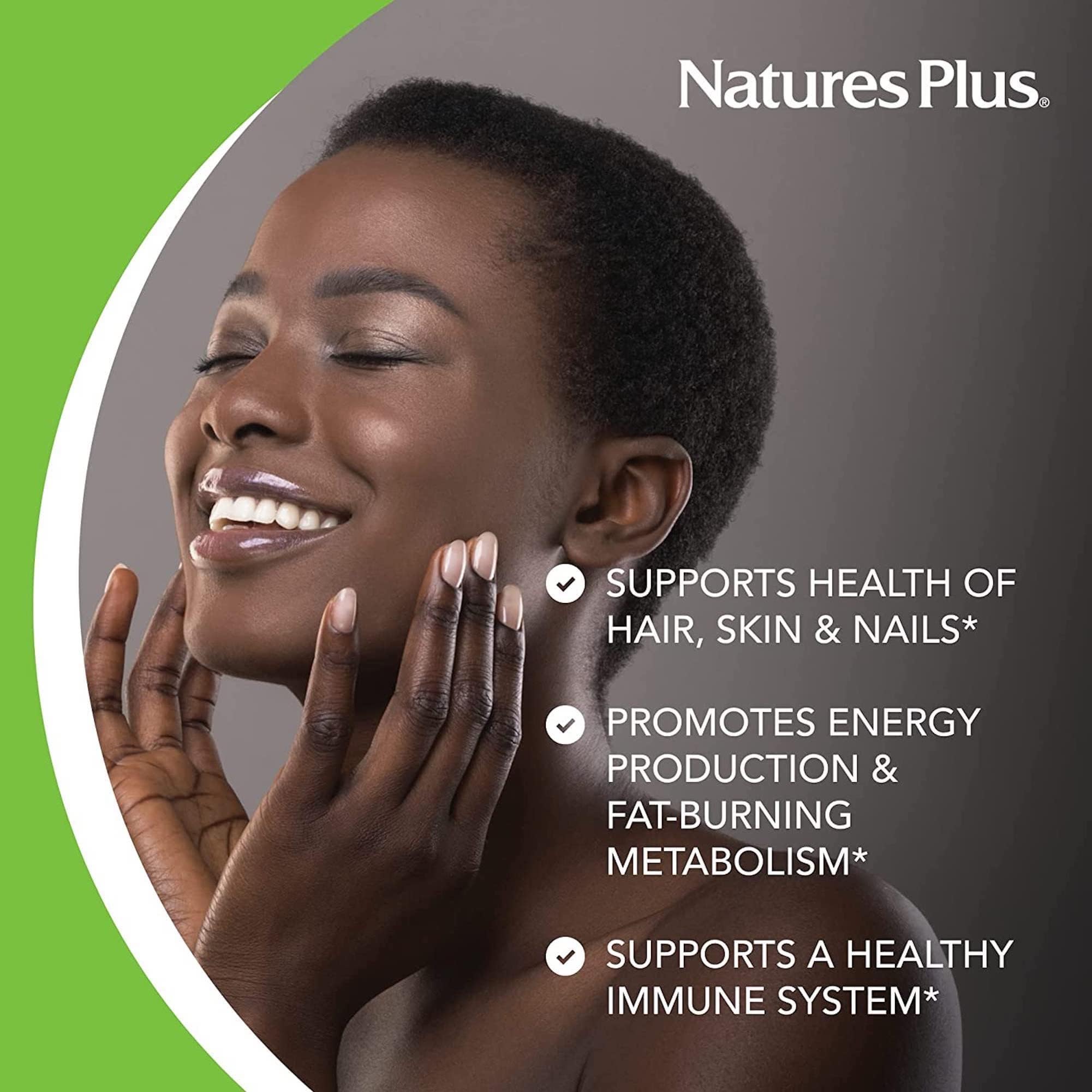 NaturesPlus Biotine 10 000 mcg, emballage reflétant la qualité et le caractère végétarien.