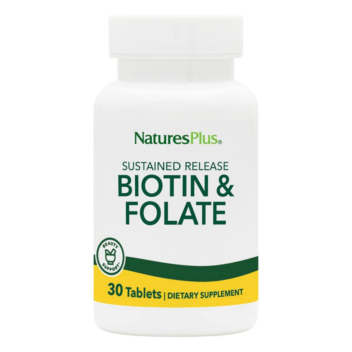Flacon NaturesPlus Biotine Folate, libération prolongée pour énergie durable.