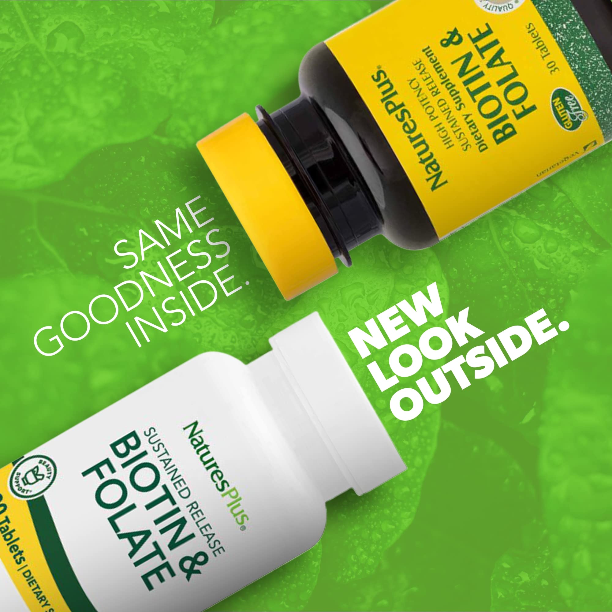 Capsules Biotine Folate NaturesPlus, usage quotidien pour peau et cheveux.