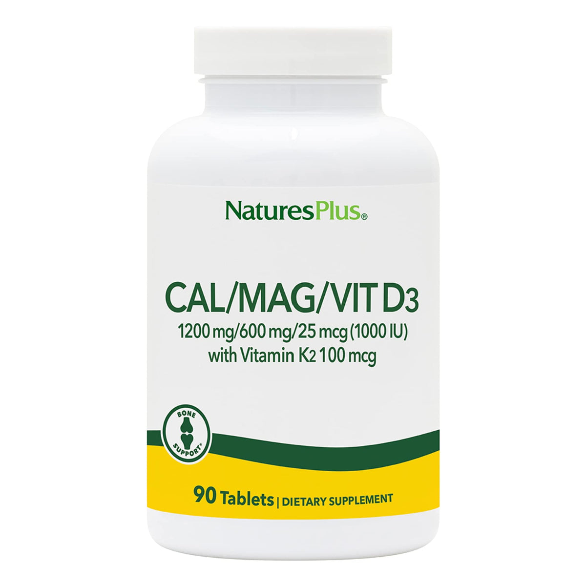 NaturesPlus Calcium/Magnesium/D3/K2 – bouteille visible, soutien potentiel à la santé osseuse.
