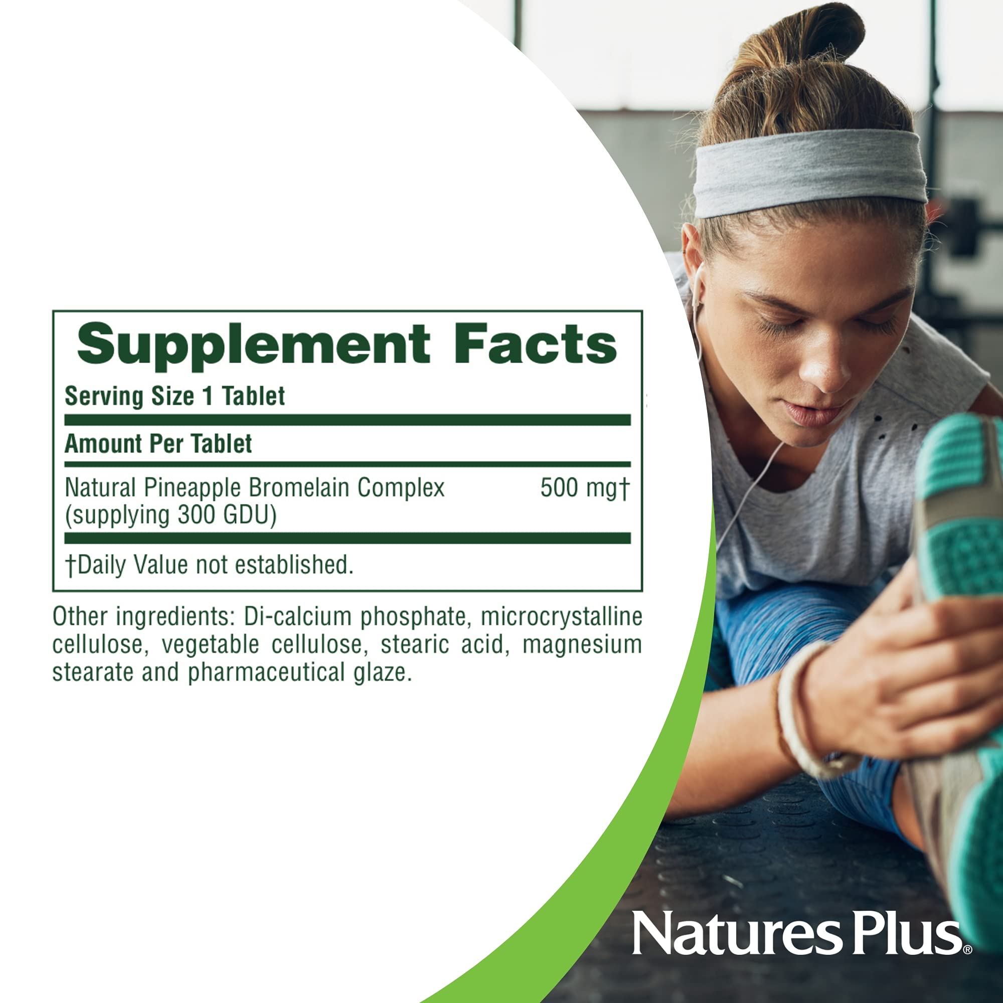 Arrière de l'emballage Bromélaïne NaturesPlus, informations sans gluten.