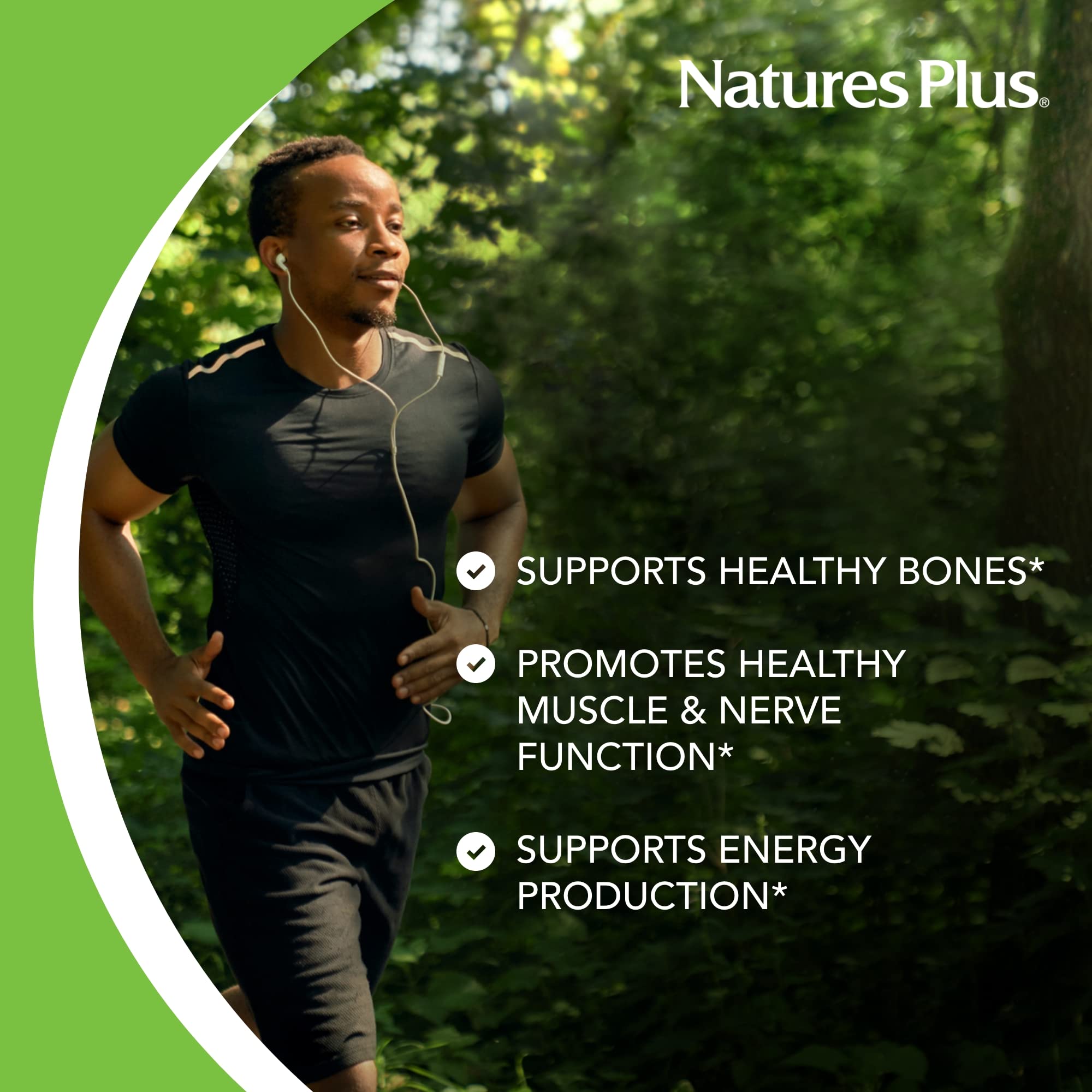 Gélules NaturesPlus Cal/Mag Citrate, couleur neutre et composition visible.