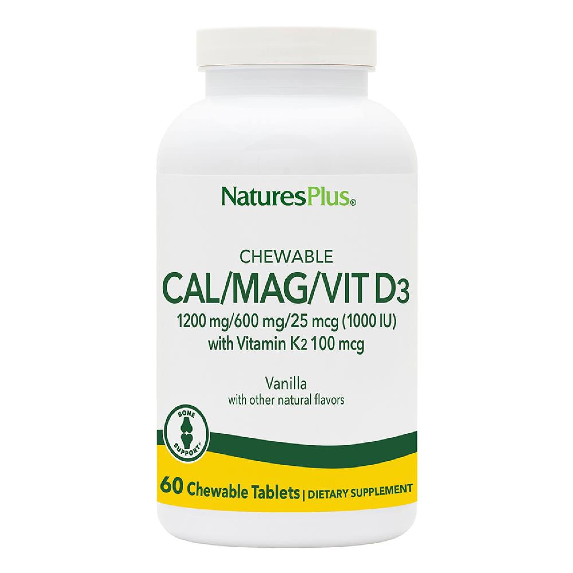 NaturesPlus Cal/Mag/Vit D3/K2 comprimés vanille soutien potentiel des os.