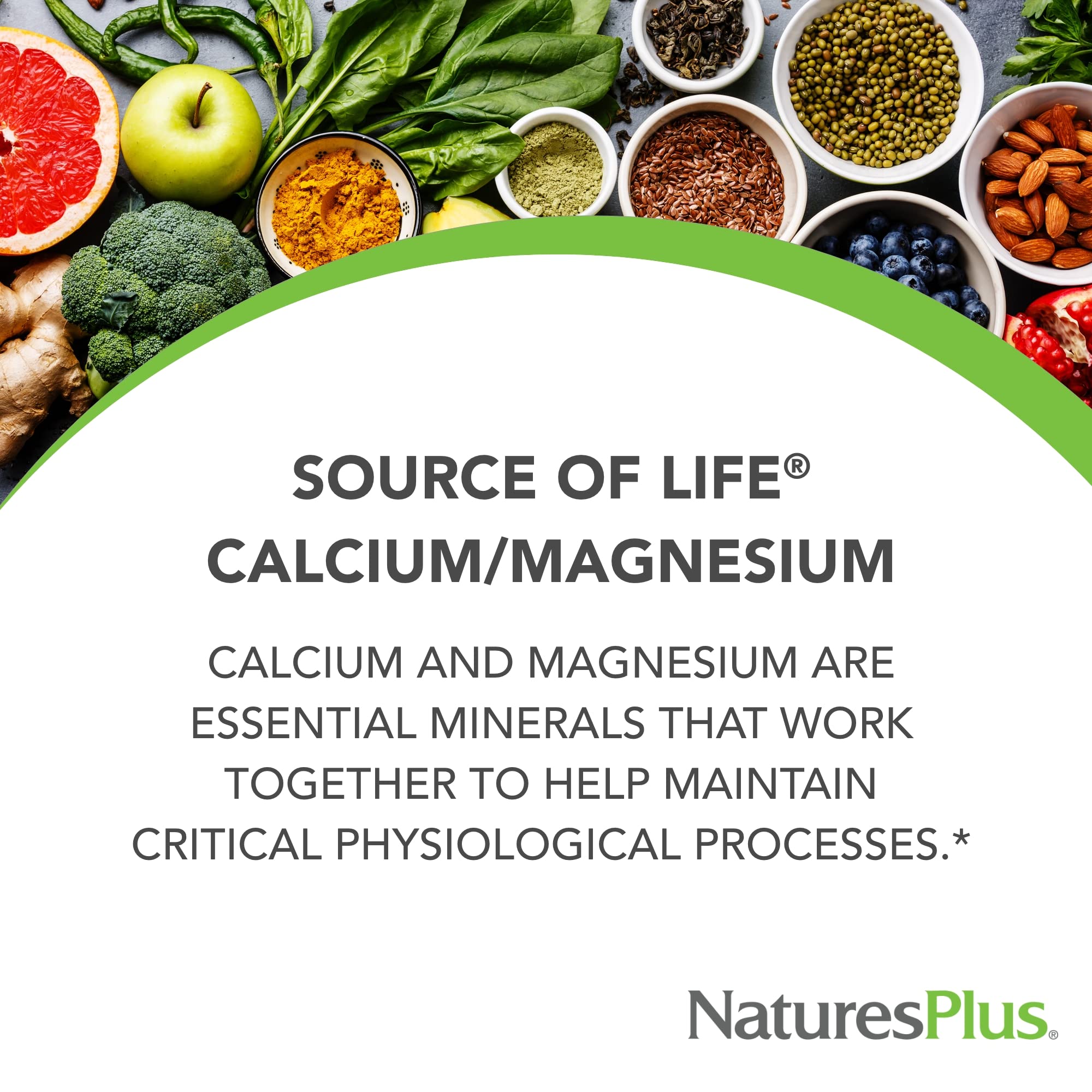 NaturesPlus Calcium et Magnésium – tablettes sans gluten, adaptée au régime végétarien.