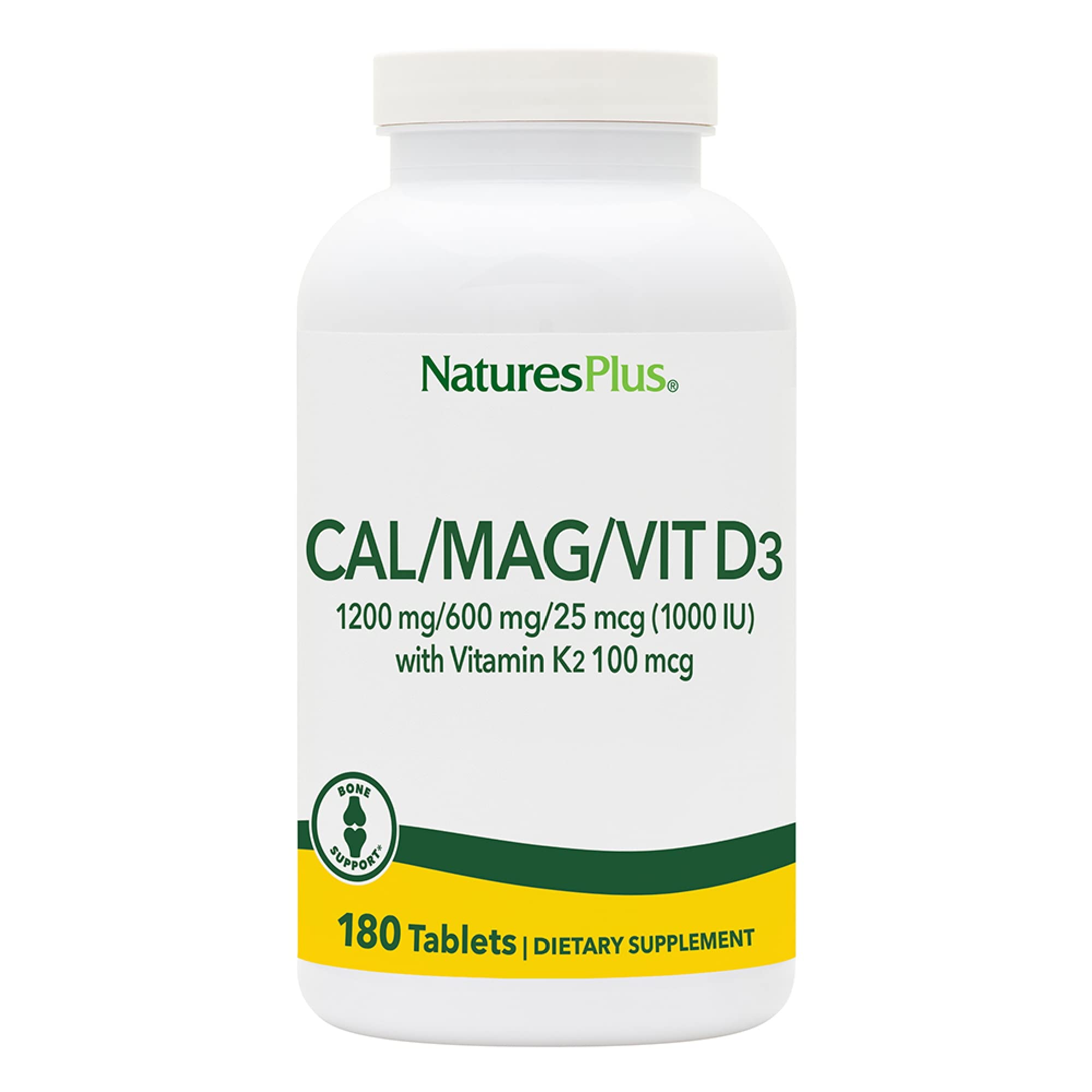 NaturesPlus Calcium-Magnésium-D3-K2 — bouteille de comprimés avec soutien potentiel des os.