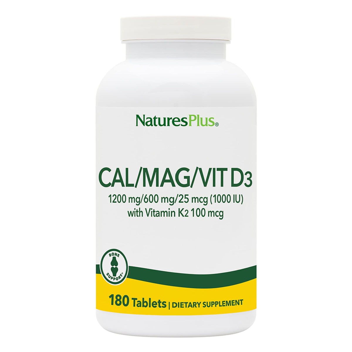 NaturesPlus Calcium-Magnésium-D3-K2 — bouteille de comprimés avec soutien potentiel des os.