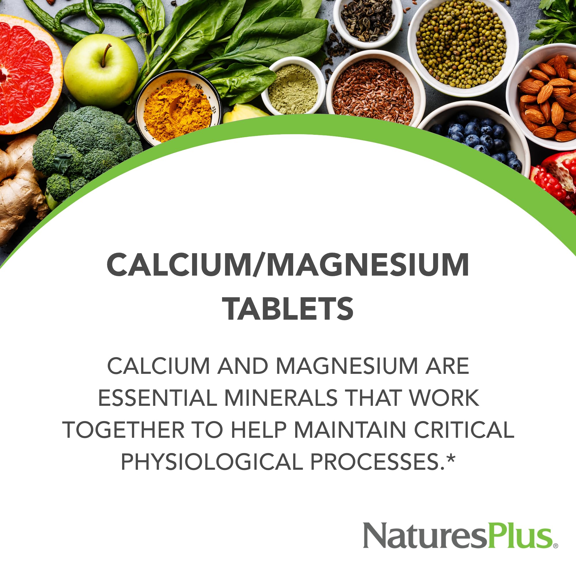 NaturesPlus Calcium-Magnésium – Étiquette: ingrédients naturels et qualité fiable.