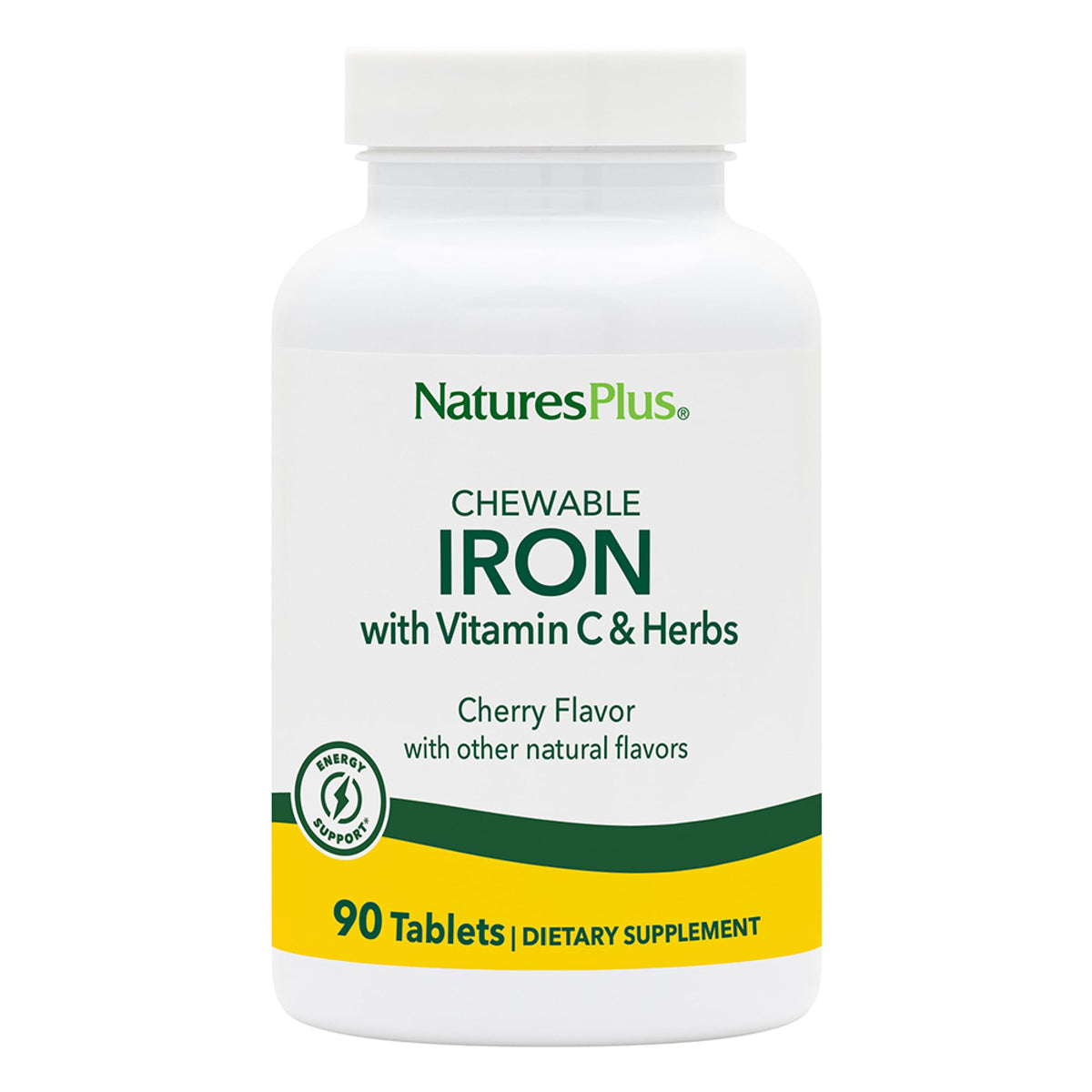 NaturesPlus Chewable Iron – bouteille montrant le complément naturel pour soutenir l'énergie.
