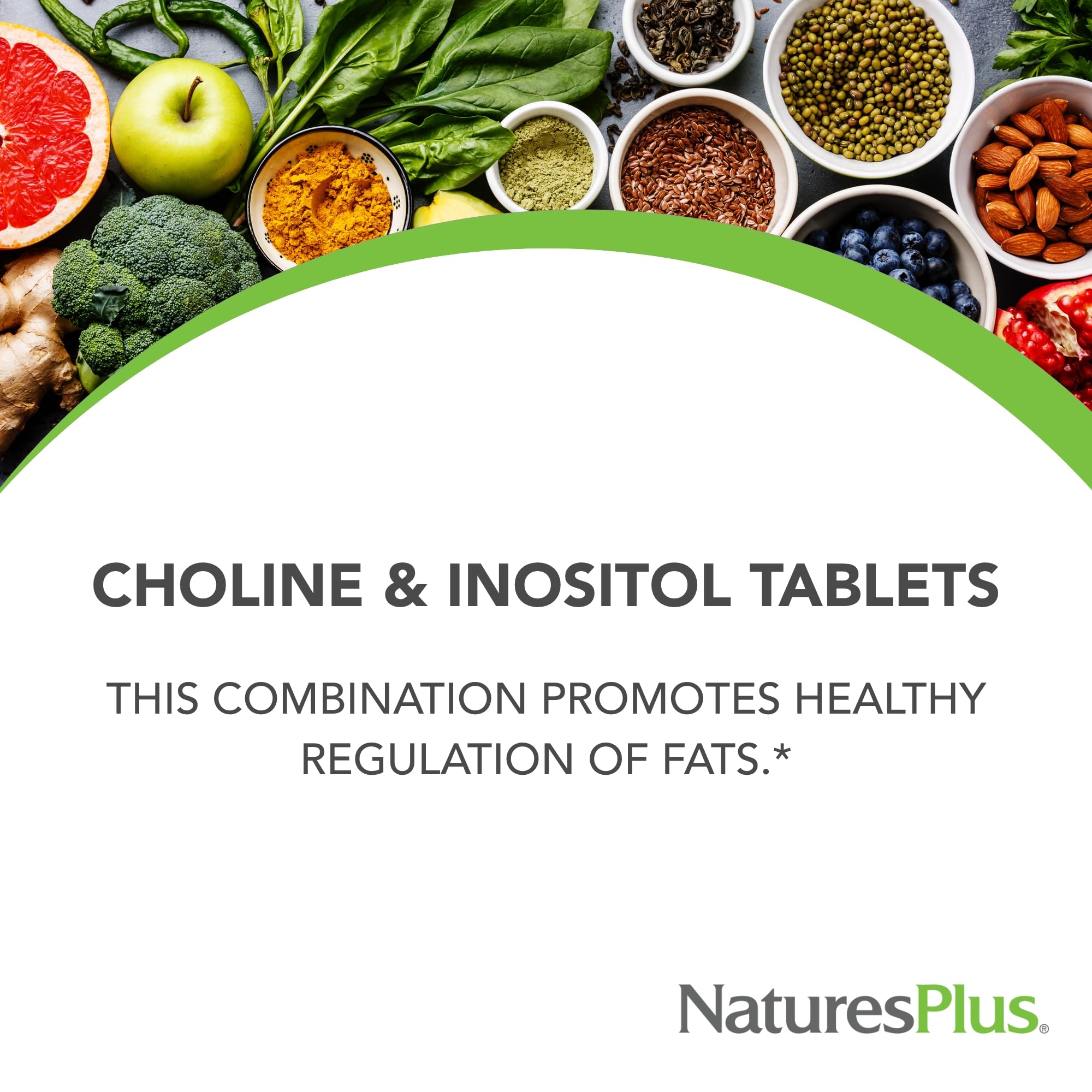 NaturesPlus Choline et Inositol – étiquette: informations claires pour utilisation et composition.