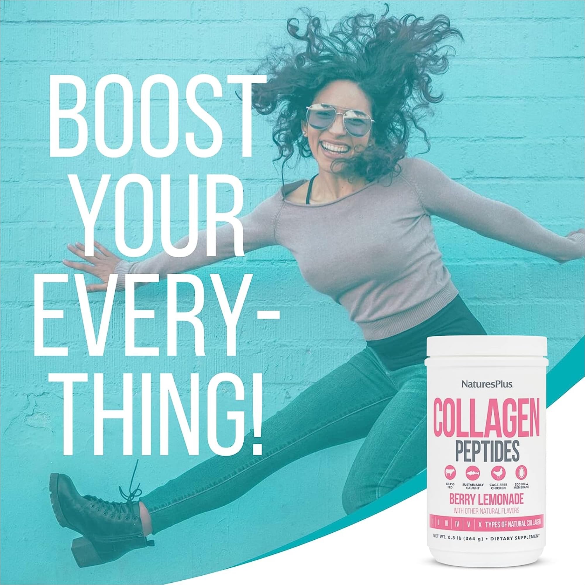 NaturesPlus Collagen Peptides absorption optimisée : assimilation rapide dans boissons chaudes ou froides.