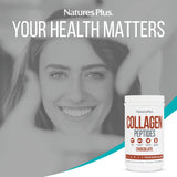 NaturesPlus Collagène Peptides Chocolat, étiquette: ingrédients et usages clairement indiqués.