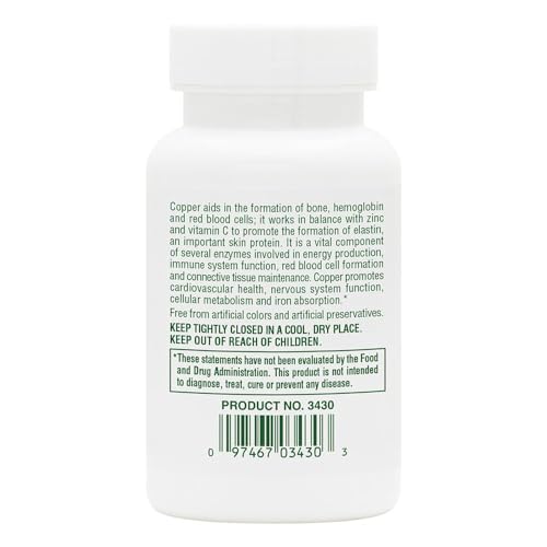 NaturesPlus Copper 3 mg, étiquette claire, dosage quotidien simple à suivre