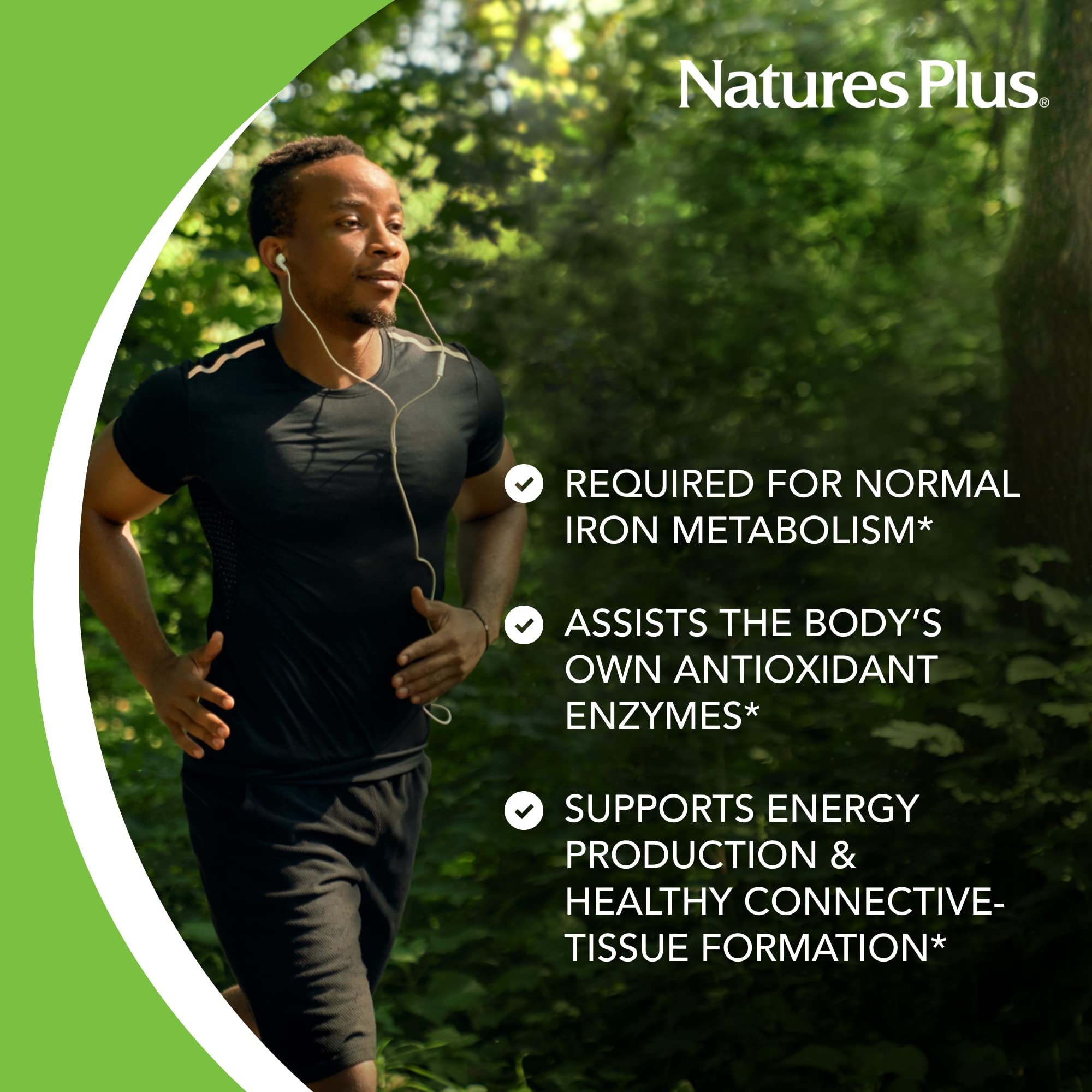 NaturesPlus Copper 3 mg, emballage moderne avec informations sur les bénéfices