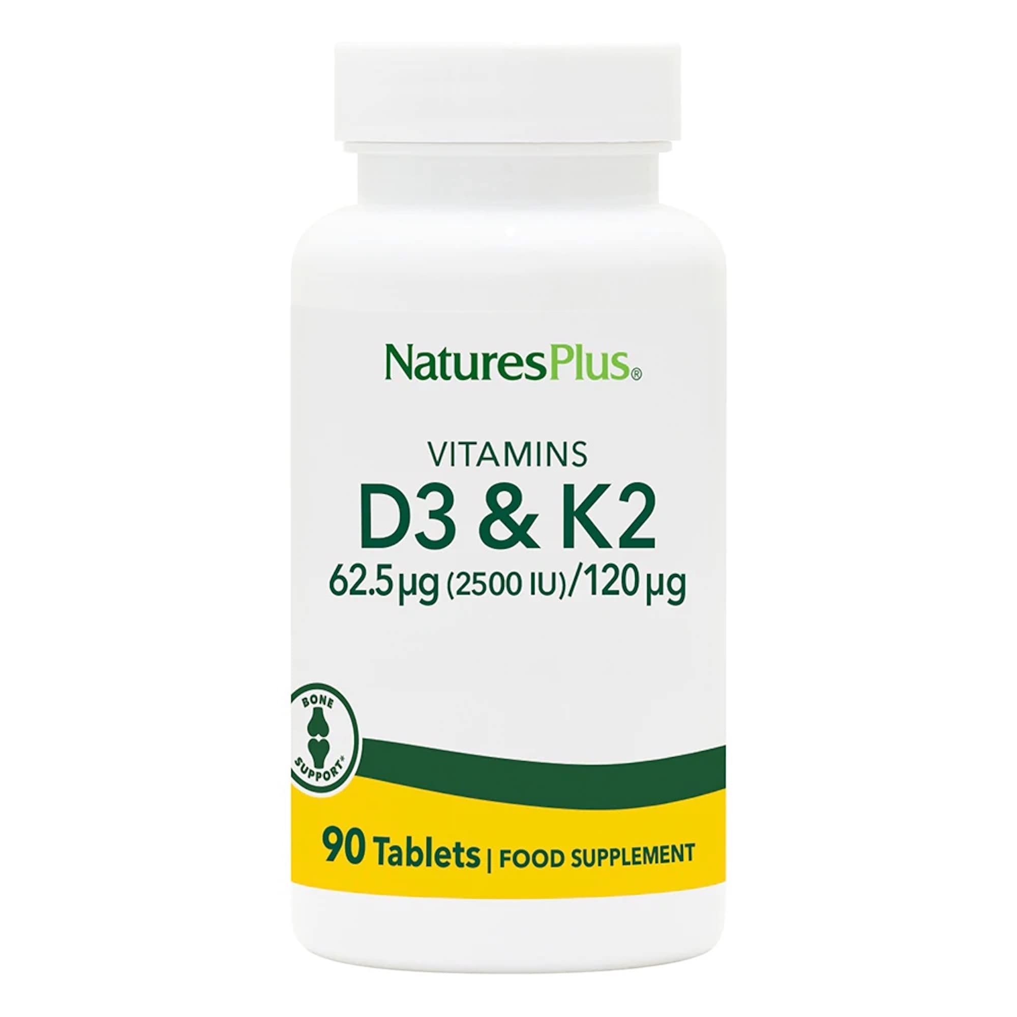 NaturesPlus D3 et K2 90 comprimés — bouteille soutenant potentiellement les os et le cœur.