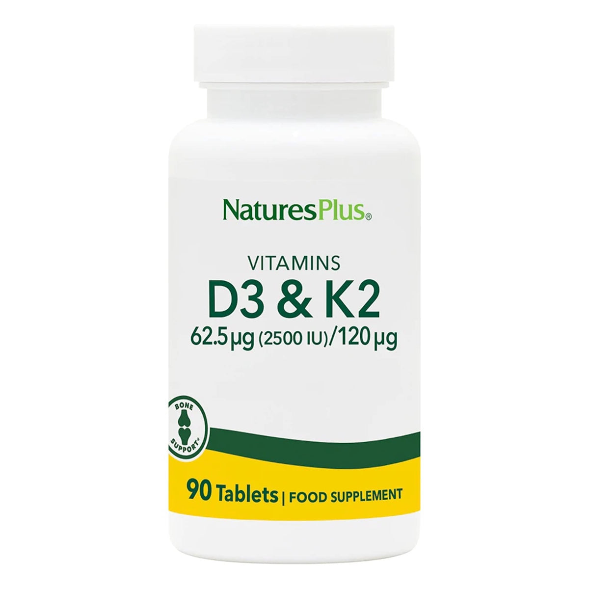 NaturesPlus D3 et K2 90 comprimés — bouteille soutenant potentiellement les os et le cœur.