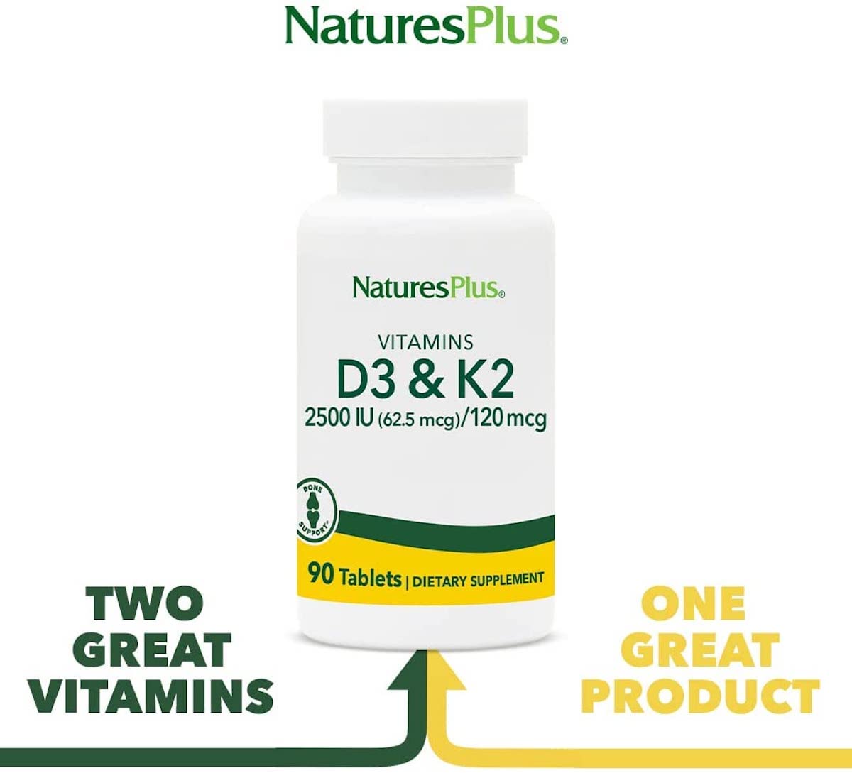 NaturesPlus D3 et K2 90 — étiquette lisible mettant en avant le caractère végétarien et sans gluten.