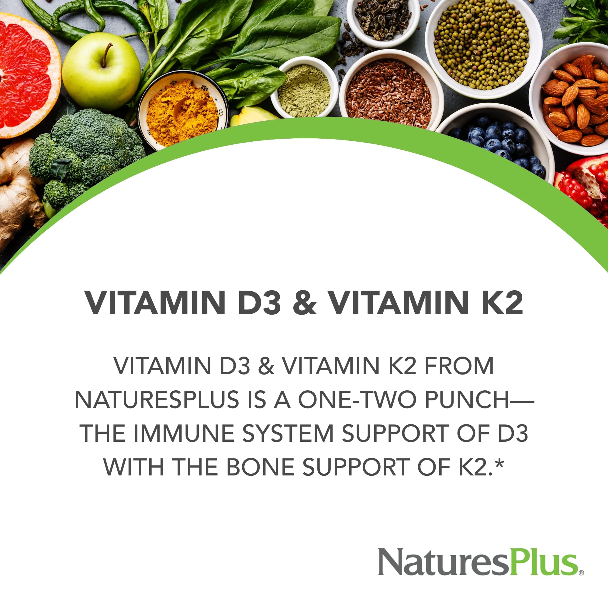 NaturesPlus D3-K2 — capsules, administration pratique et dosage lisible.