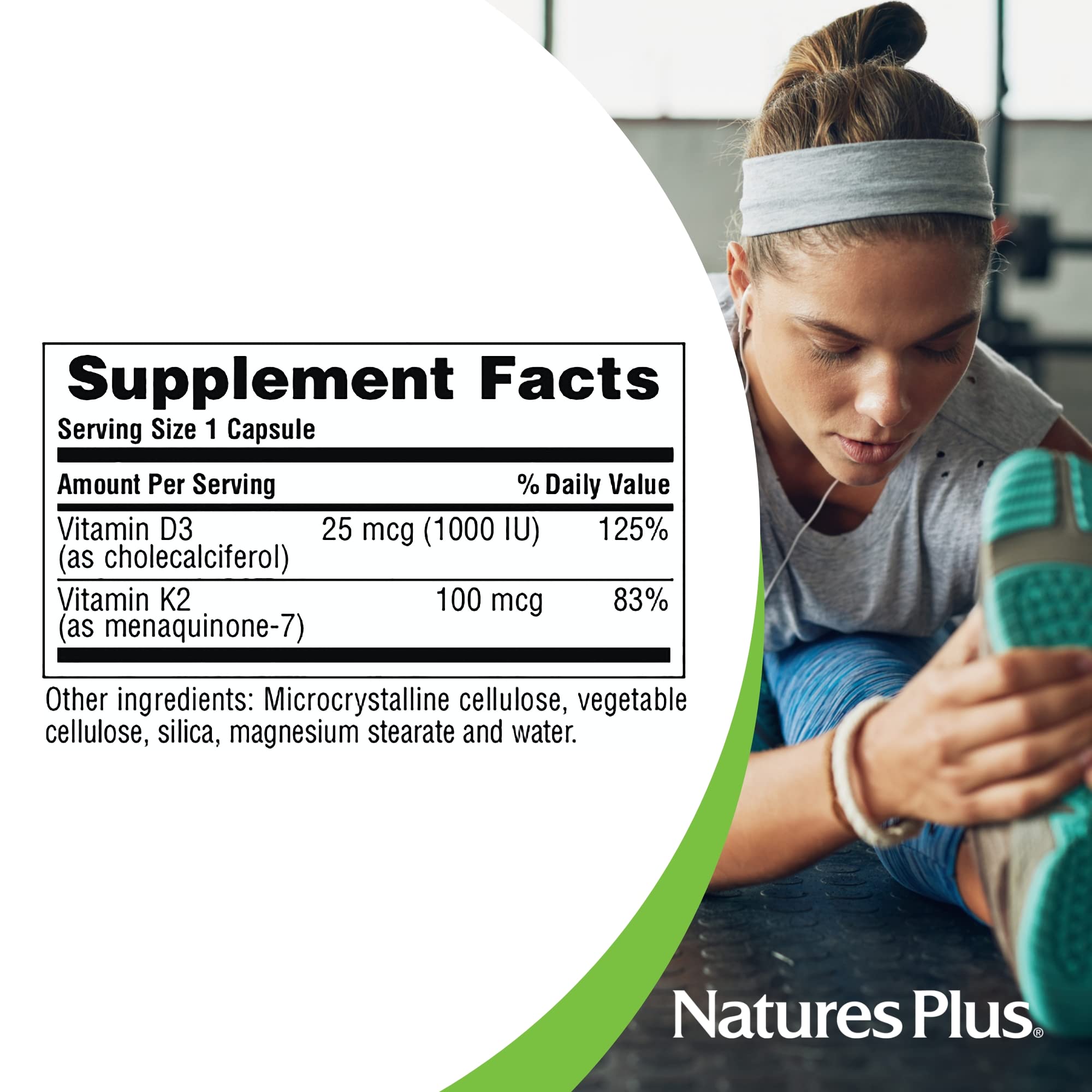 NaturesPlus D3-K2 — gros plan sur les capsules, formulation végétarienne et sans gluten.