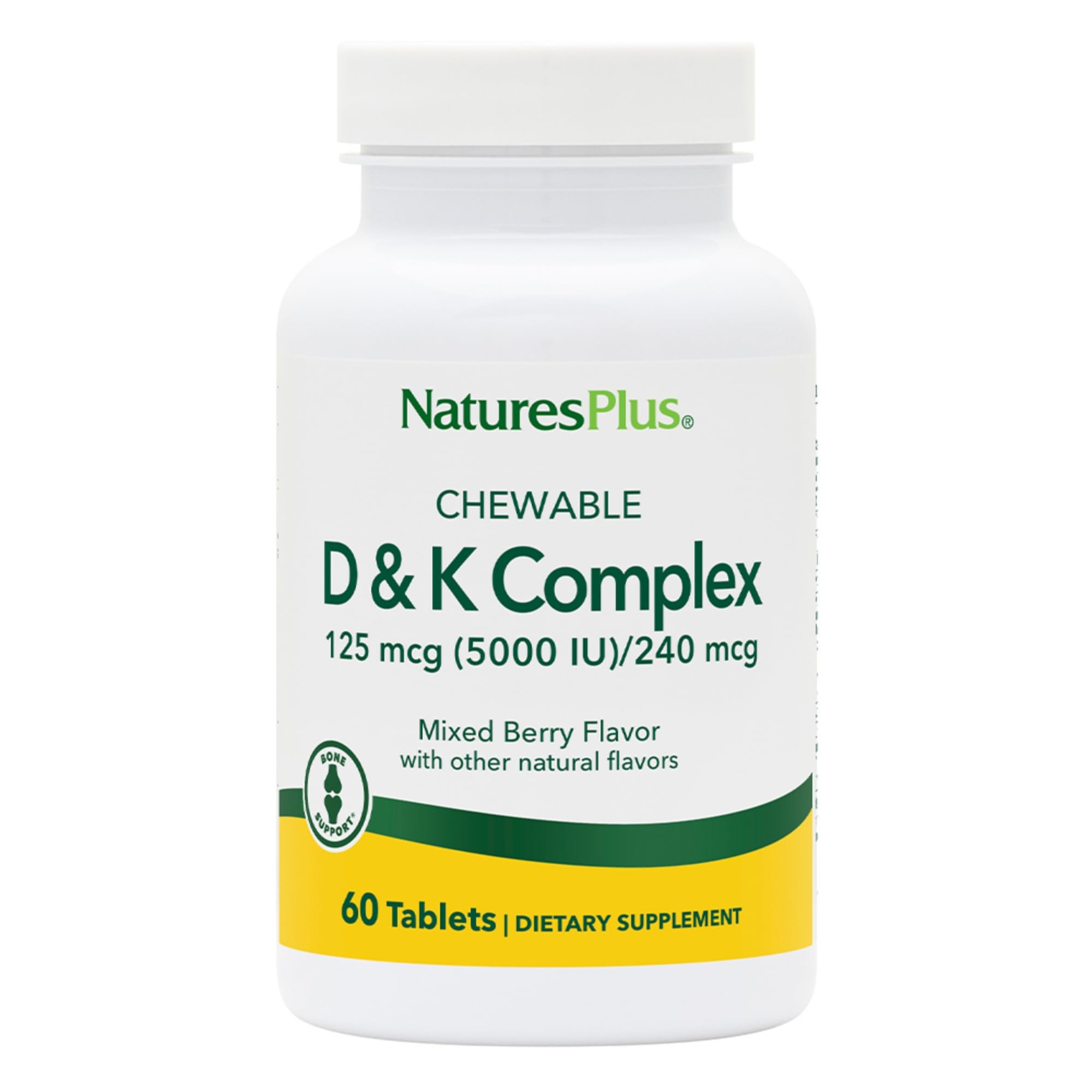 NaturesPlus D & K Complex — emballage, goût baies rouges, soutien potentiel du métabolisme du calcium