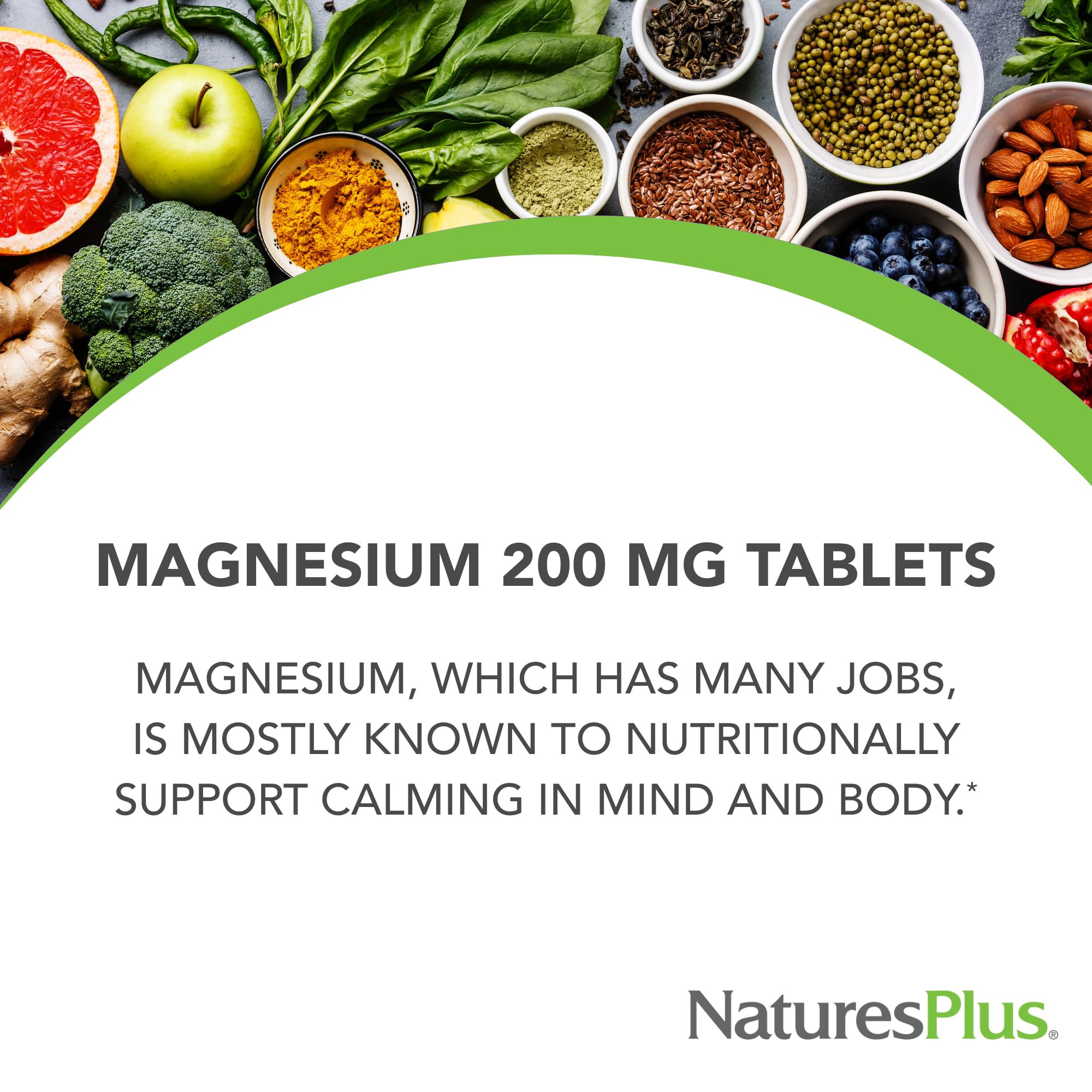 NaturesPlus magnésium emballage, étiquette claire sans gluten pour un choix conscient.