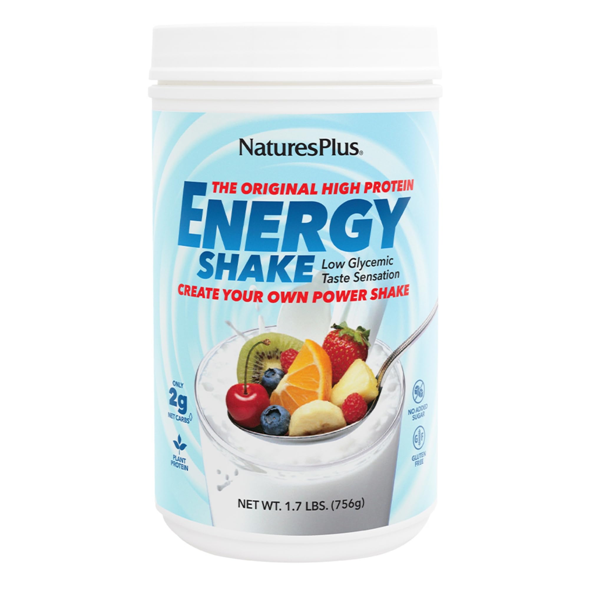 Boîte NaturesPlus Energy Shake montrant la protéine végétale par portion.
