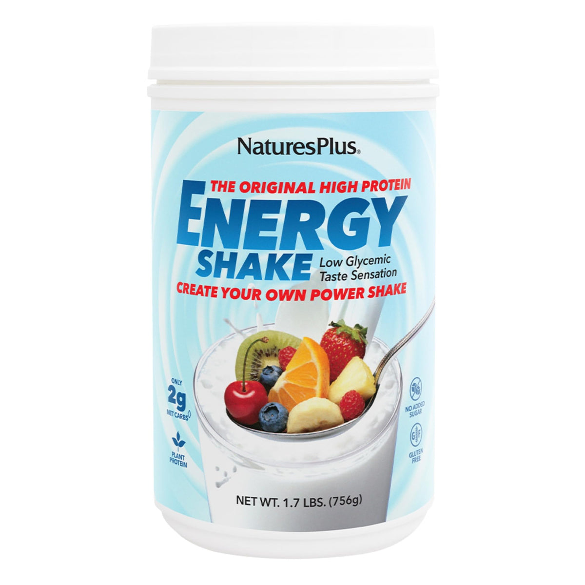 Boîte NaturesPlus Energy Shake montrant la protéine végétale par portion.