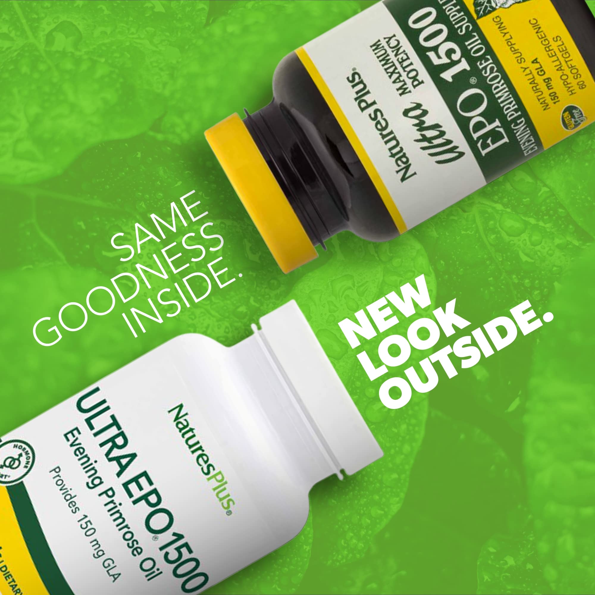 NaturesPlus EPO 1500mg, détail de capsule molle, aspect uniforme et brillant.