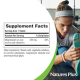 NaturesPlus magnésium 200 mg, étiquette sans gluten et végétarienne affichée.