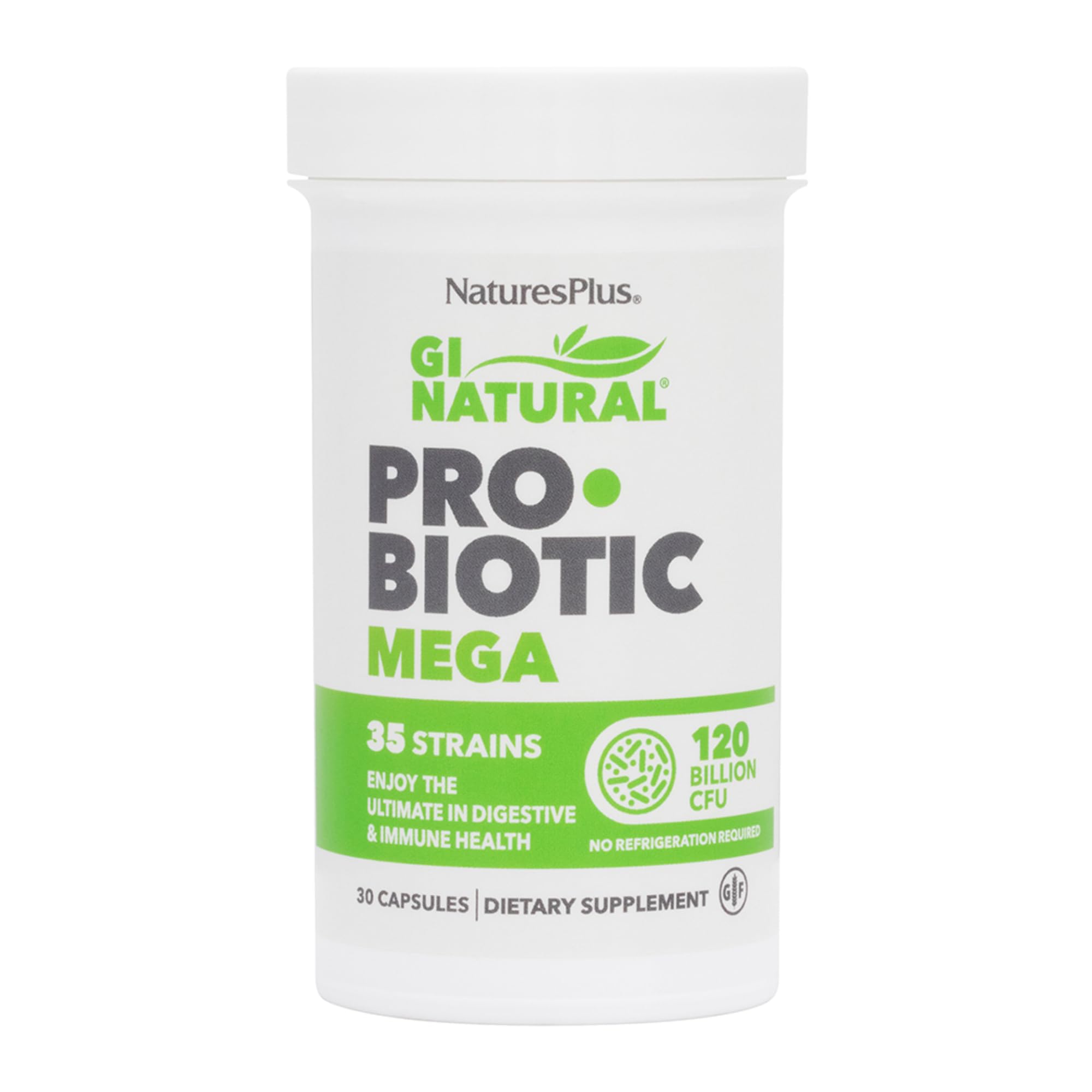 NaturesPlus GI Natural Probiotic Mega – bouteille de 30 gélules, soutien digestif potentiel.