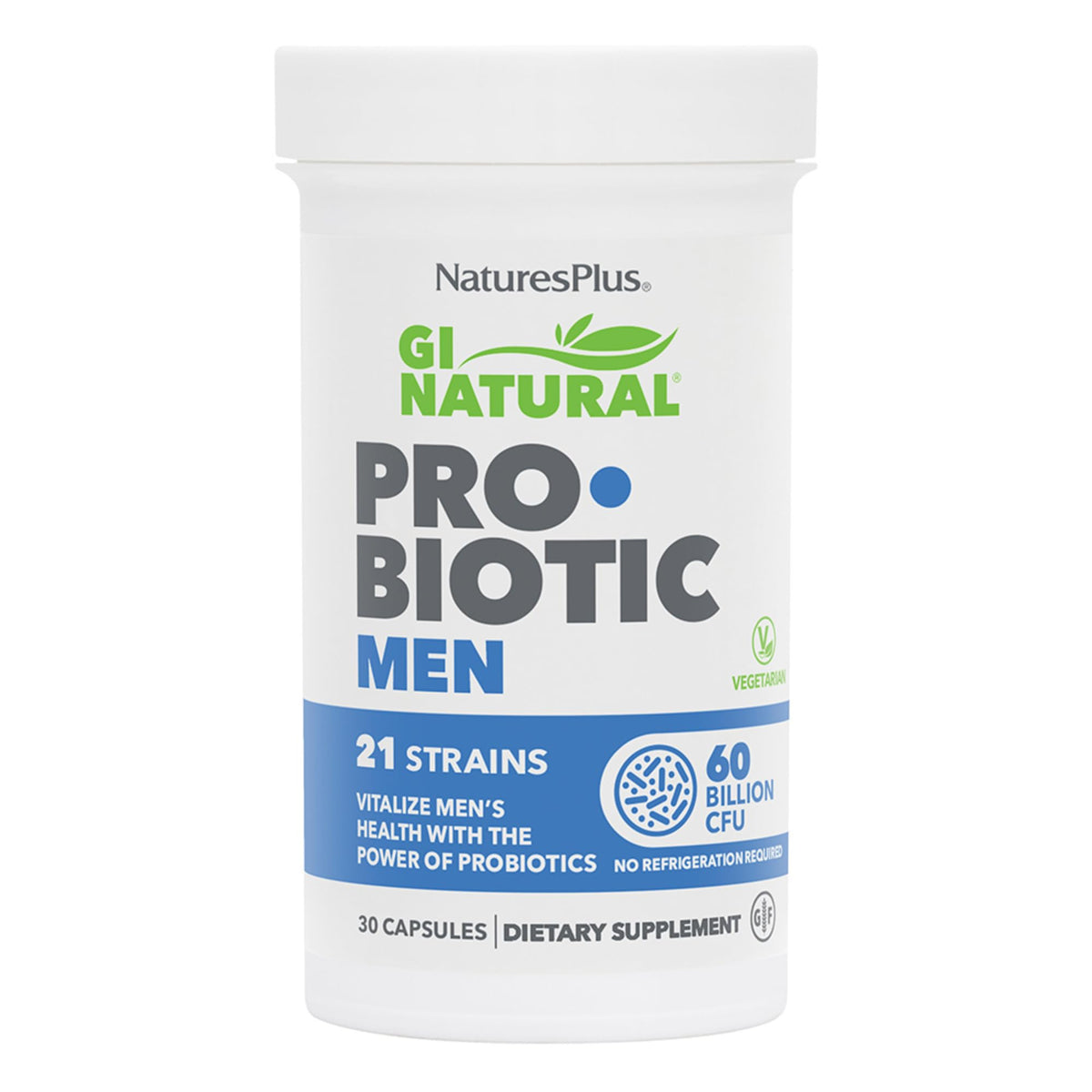 Nature's Plus GI Natural Probiotic Men – bouteille montrant l'emballage, soutien digestif potentiel.