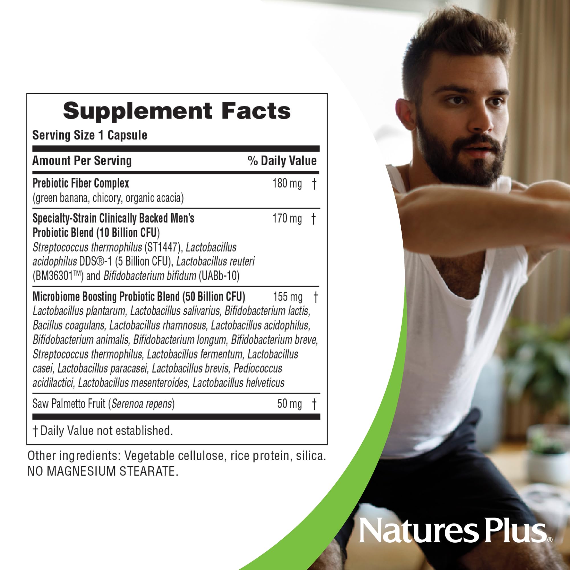 Nature's Plus GI Natural Probiotic Men – étiquette indiquant 60 milliards de bactéries et 21 souches.