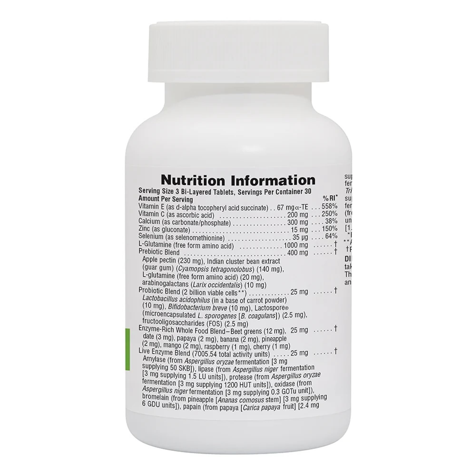 Tablettes GI Natural montrant L-glutamine et enzymes, soutien digestif
