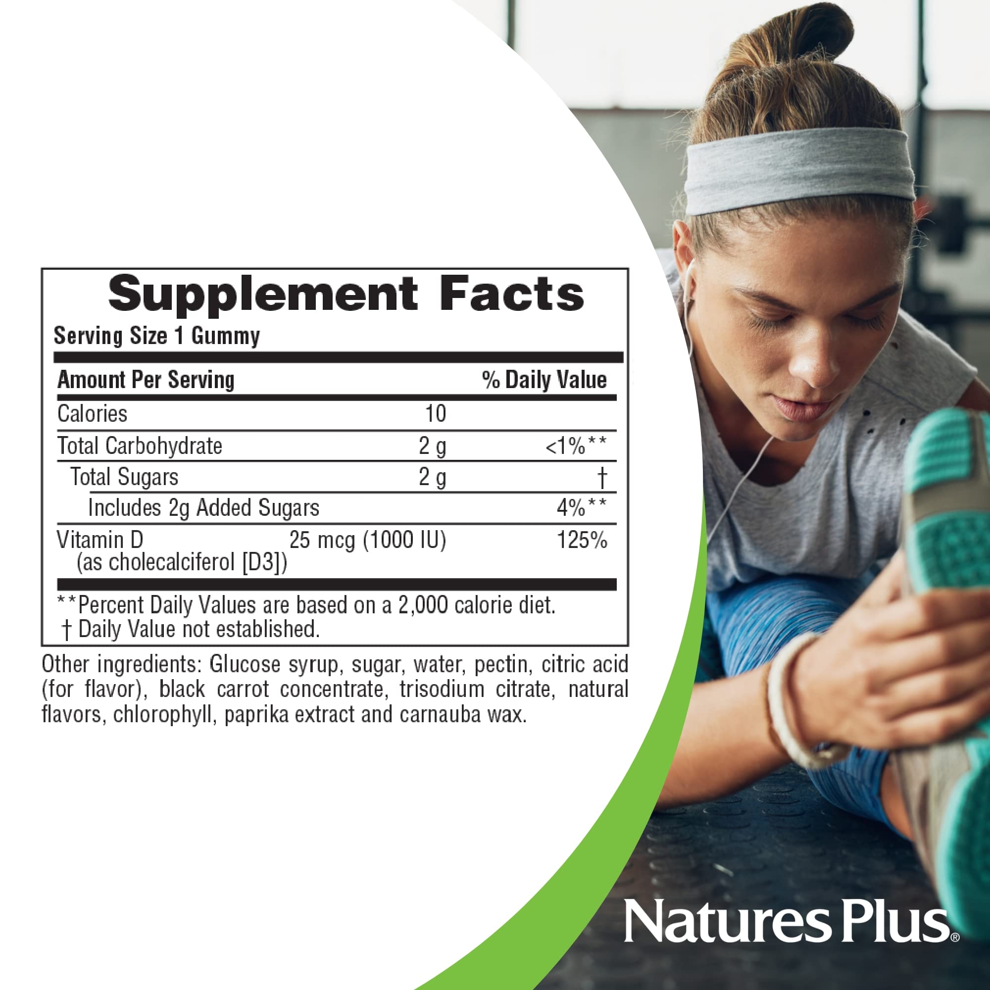 Gommes NaturesPlus D3 1000 UI, options végane et sans gluten.