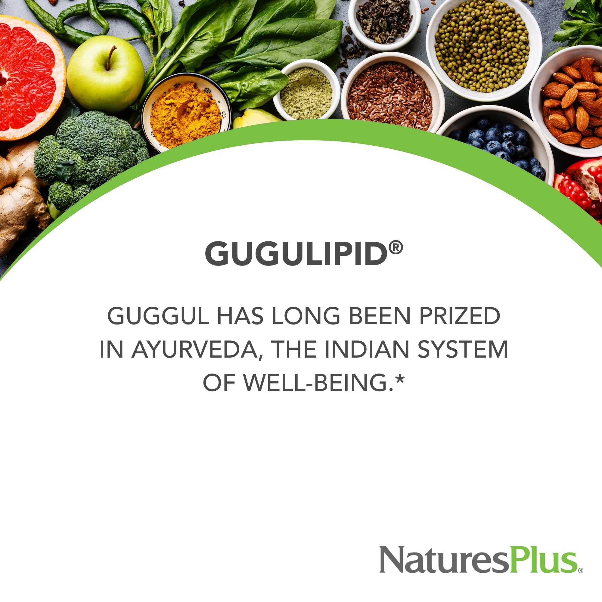 Bouteille Gugulipid NaturesPlus sur étagère, format pratique et hypoallergénique