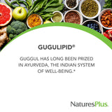 Bouteille Gugulipid NaturesPlus sur étagère, format pratique et hypoallergénique