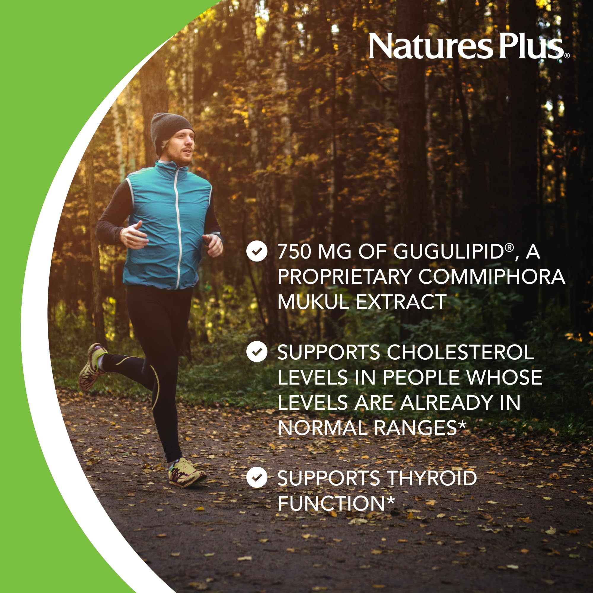 Étiquette Gugulipid NaturesPlus sans allergènes, produit végétarien et sans gluten