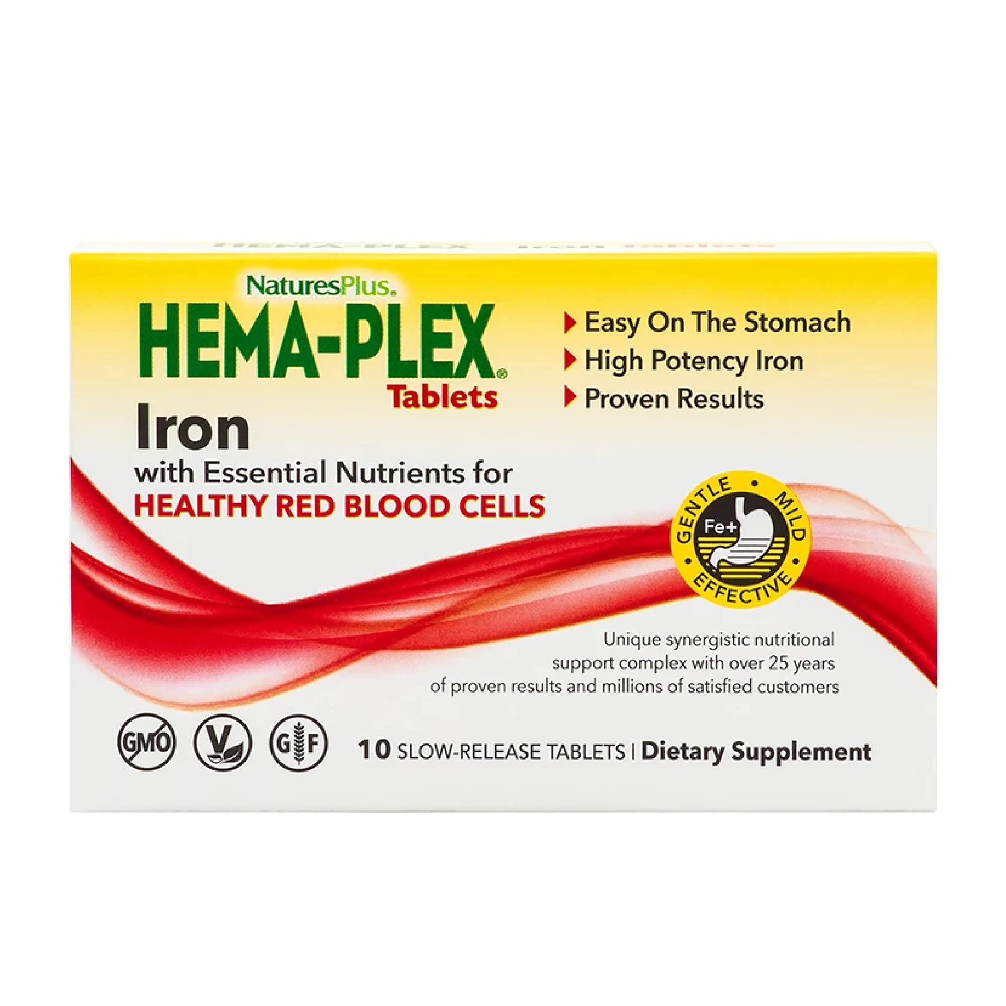 NaturesPlus Hema-Plex Fer, comprimés lents dans une bouteille, soutien quotidien potentiel.