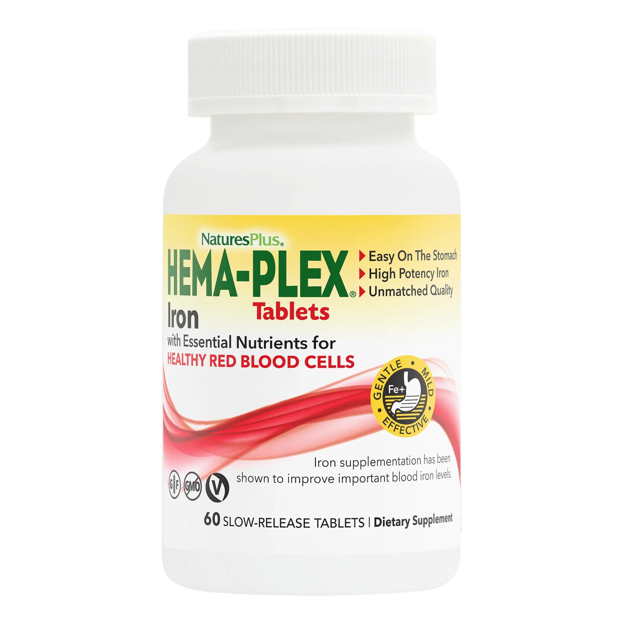 NaturesPlus Hema-Plex Fer: comprimés 85 mg libération lente pour absorption régulière.