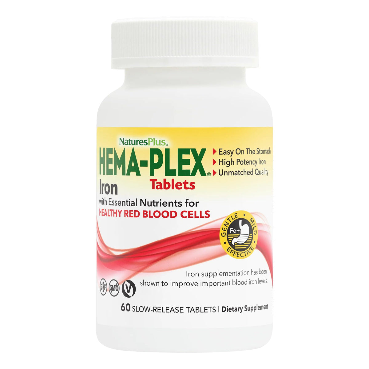 NaturesPlus Hema-Plex Fer: comprimés 85 mg libération lente pour absorption régulière.
