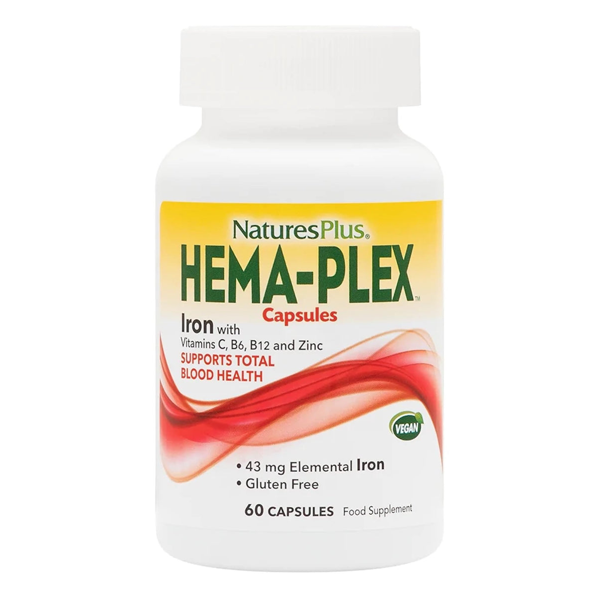 NaturesPlus Hema-Plex fer, capsule d’action rapide, idéal au petit-déjeuner pour l’énergie.