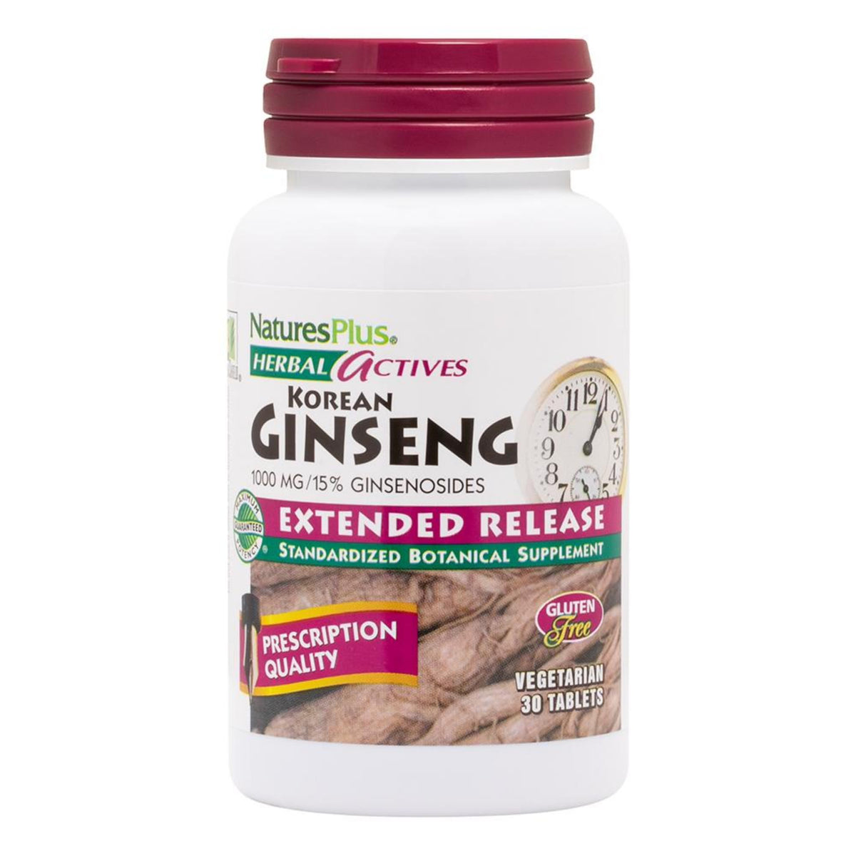 NaturesPlus Herbal Actives Ginseng bouteille ouverte, énergie durable possible au quotidien.