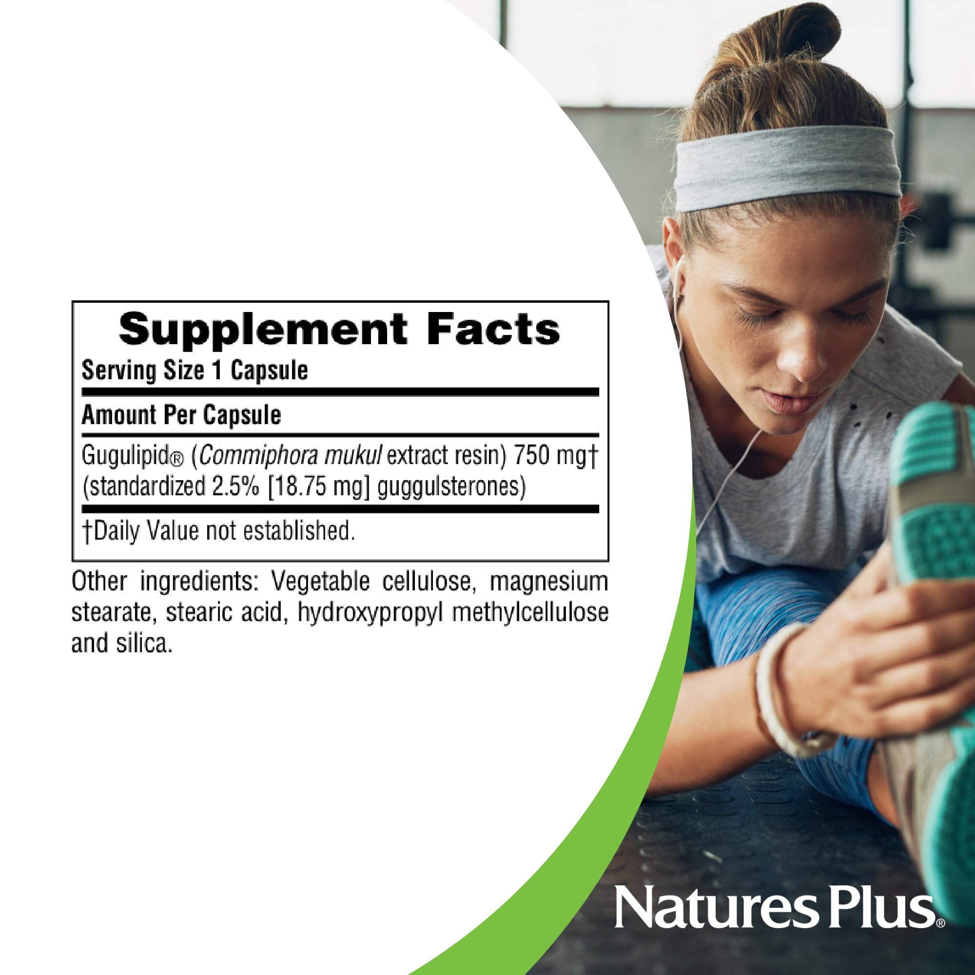 Gugulipid NaturesPlus, ensemble de capsules, dosage homogène et fiable.