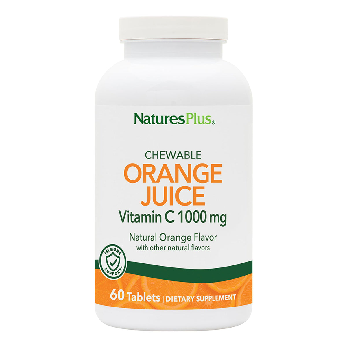 NaturesPlus Jus d'Orange : flacon de tablettes à mâcher 1000 mg, soutien immunitaire.
