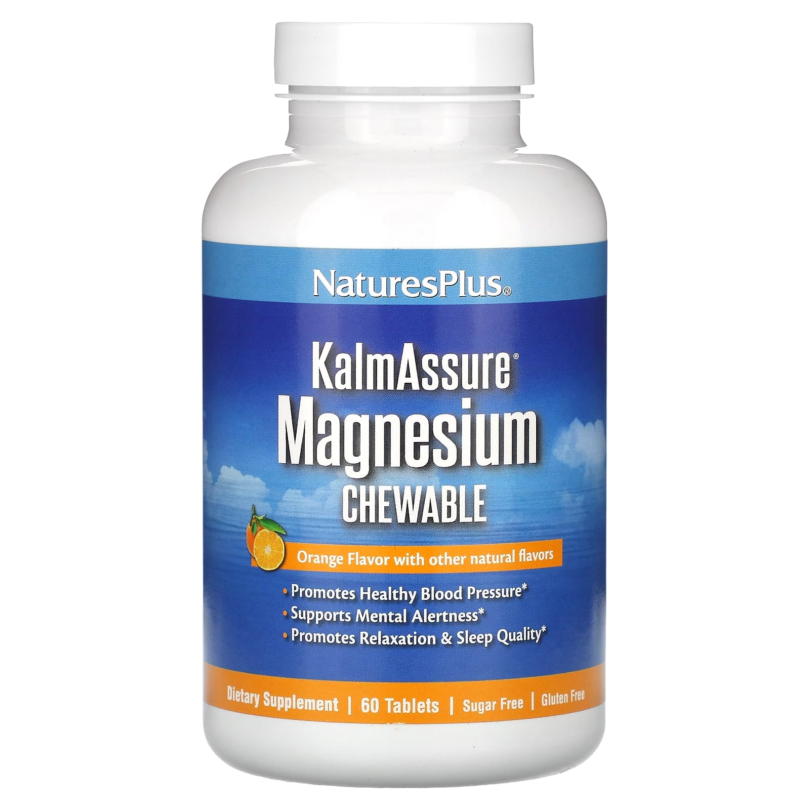 NaturesPlus KalmAssure magnésium à mâcher orange, comprimés faciles à prendre pour un regain de calme et d'énergie.