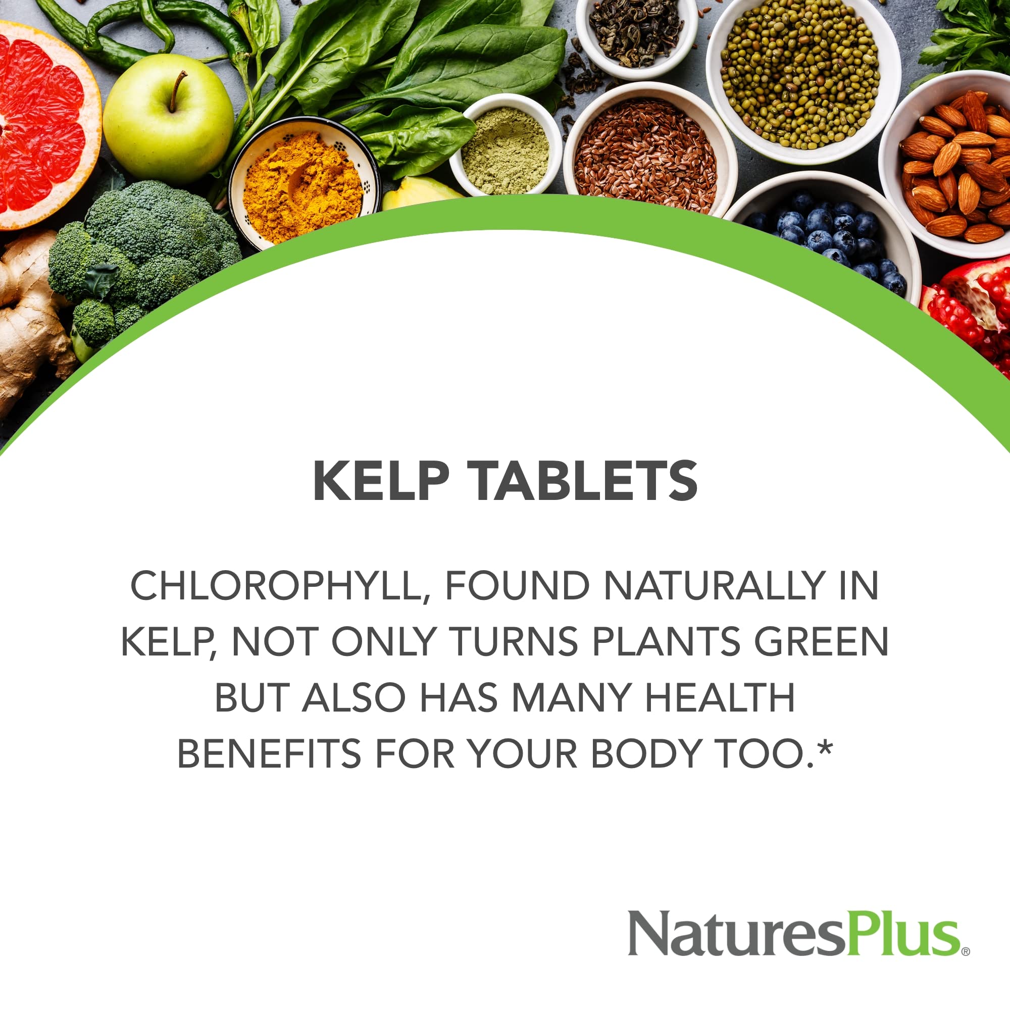 NaturesPlus Kelp flacon-tablettes, dose quotidienne de 150 µg d'iode.