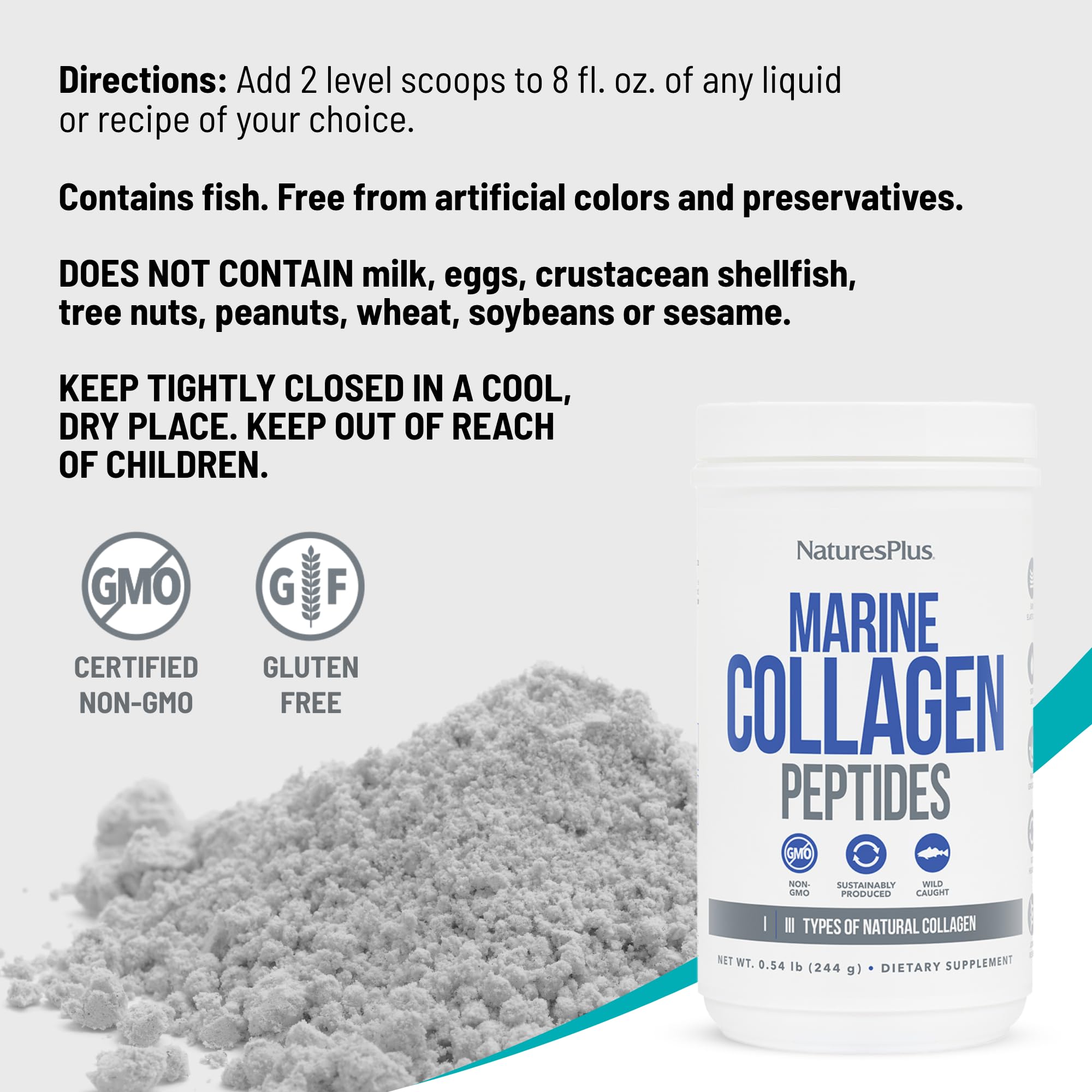 NaturesPlus Marine Collagen Peptides sur l'emballage indique types I et III et origine durable.