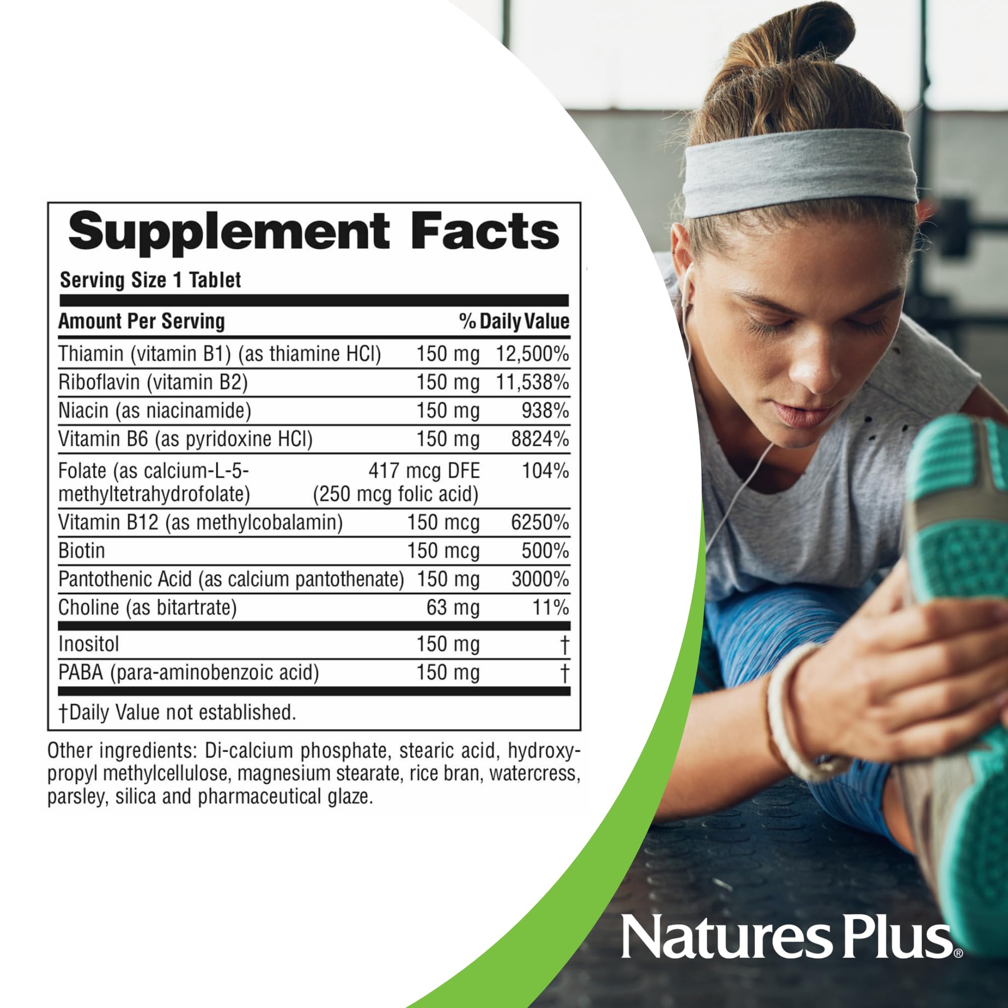 Tablettes NaturesPlus Mega B-150, emballage pratique pour les routines de bien-être.