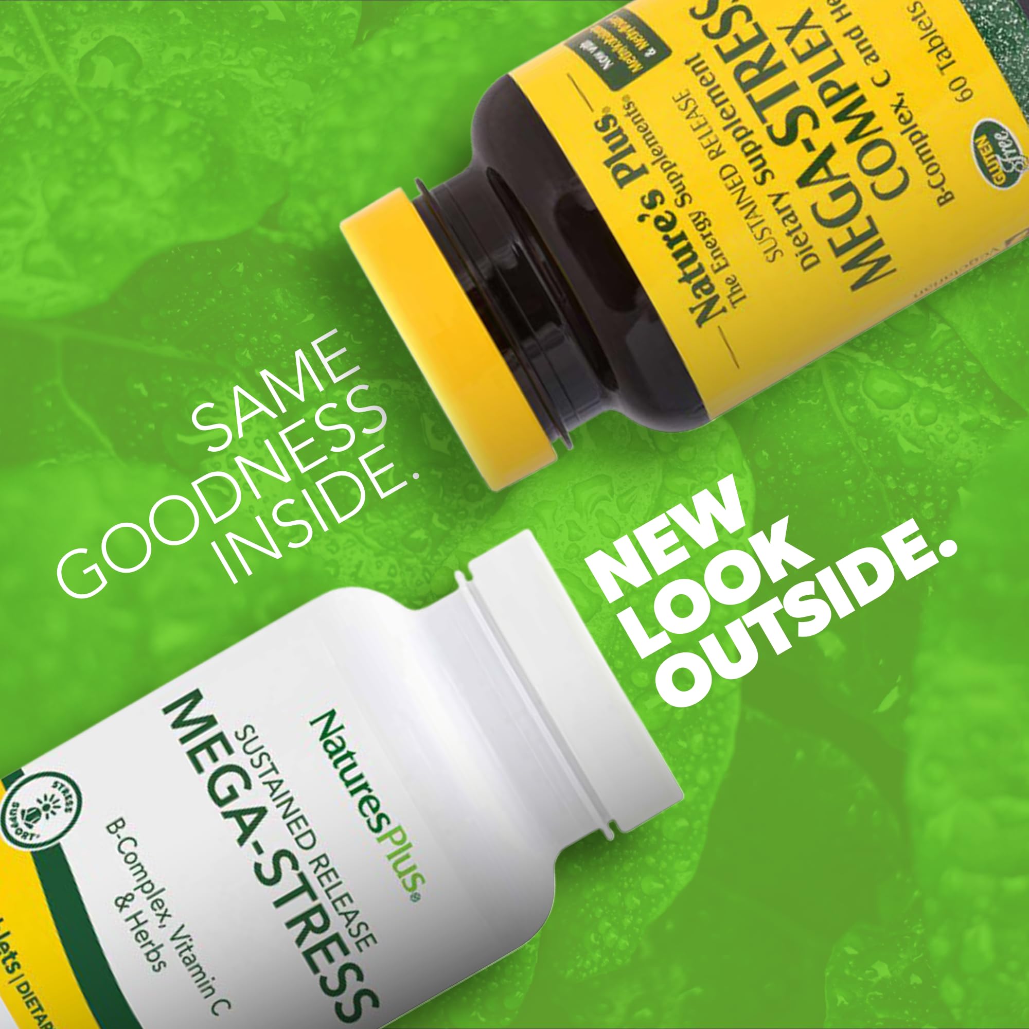 NaturesPlus Mega-Stress: bouteille ouverte démontrant le conditionnement pratique.