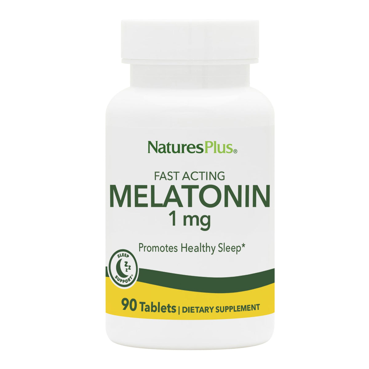 Bouteille NaturesPlus Mélatonine 1 mg sur table, soutien potentiel au repos.